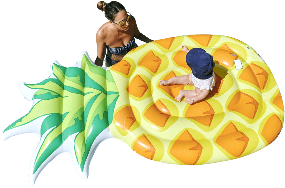 Parrots-Landing-Swimming-Pools-mom-baby-on-float